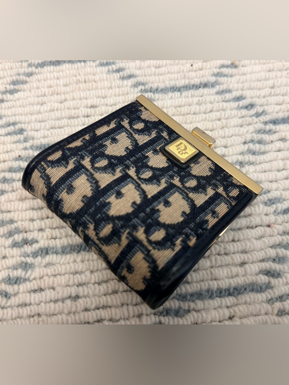 DIOR Vintage Rare Blue Trotter Monogram Canvas Kiss Lock Coin Purse W/ Gold - Picture 5 of 12